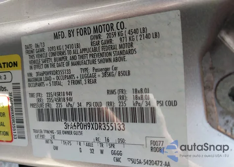 2013 Ford Fusion Se из США, поврежденный, VIN 3FA6P0H9XDR355133